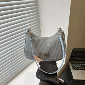Women Underarm Bag PU Leather Woven Texture Hobo Bag Golden Metal Bow-Knot Minimalist French Style Shoulder Bag Trendy