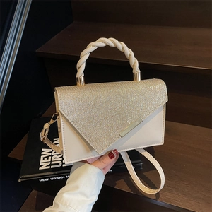 Women Fashion PU Leather Glitter Flap Crossbody Bag With Twisted Handle Gold Tone Hardware Square Shoulder Handbag Party Daily Versatile Small Purse