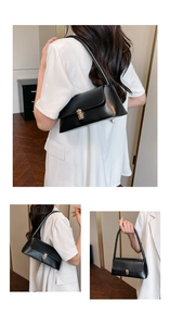 Collage of black leather underarm bag with gold buckle on shoulder and hand-held by model