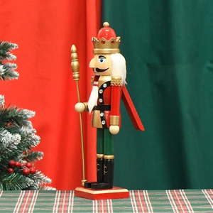 36cm Christmas wooden nutcracker king in red suit with golden crown and scepter