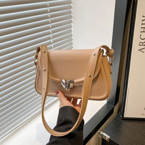 Women Shoulder Bag PU Leather Silver Heart Buckle Crossbody Adjustable Strap Flap Square Fashion Trendy Bag
