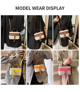 Detail view of mini vintage canvas box bags showing various colors and leather trim