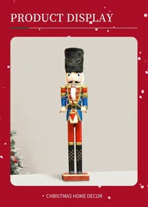Detail of 55cm wooden nutcracker soldier in blue uniform with drum and tall fur hat