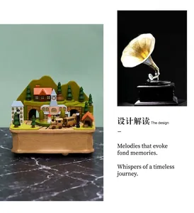 Detail view of a handcrafted wooden music box featuring miniature village and train track