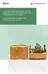Mechanical wooden music box featuring a miniature European castle scene and gear movement