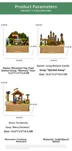 Detailed view of handmade beech wood music boxes featuring castle and nativity themes