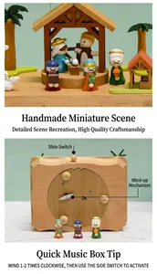 Macro detail of wooden music box showing the mechanical wind-up and switch mechanism