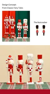 Detailed view of four hand-painted wooden nutcracker soldiers in red and white uniform