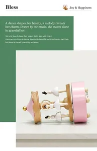 Détail d'une boîte à musique ballerine avec figurines blanches et socle en bois rose