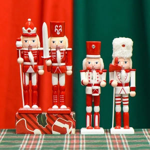 Set of four 18cm classic wooden nutcracker soldier figurines with festive red and white finish