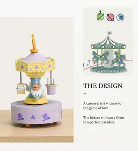 Macro detail of wooden carousel music box featuring purple macaron aesthetic with tea cup cat