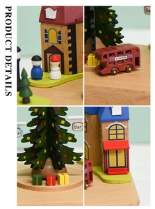 Detail view of miniature wooden Christmas tree, London bus and European buildings