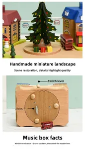 Detail of wooden musical box with London bus, Christmas tree and mechanical gear base