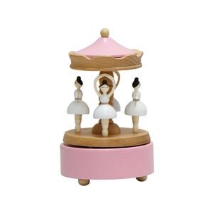 Boîte à musique carrousel de ballet en bois avec socle rose et danseuses