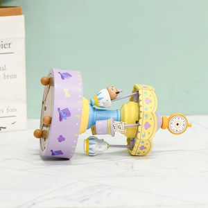 Rotating wooden music box carousel with tea party rabbit and macarons color theme