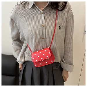 Gros plan d'un sac à main rouge à pois porté avec une chemise à rayures et jupe grise