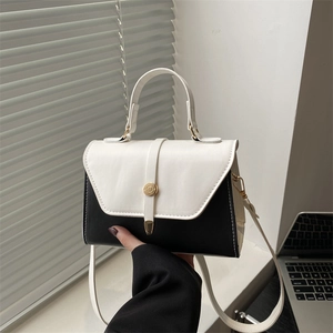 Women Fashion PU Leather Patchwork Small Square Bag Simple Contrast Color Single Shoulder Crossbody Handbag With Metal Buckle Versatile Commuter Purse