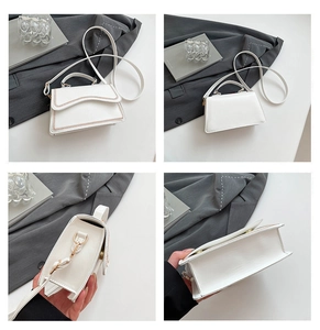 Vues détaillées d'un sac à main blanc minimaliste avec coutures tressées et détails dorés