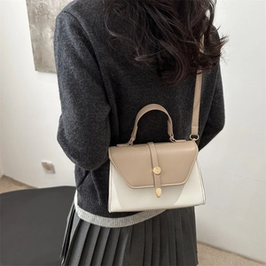 Minimalist beige and brown leather square crossbody bag with gold round metal buckle