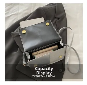 Internal capacity display of crossbody bag with smartphone and wallet storage
