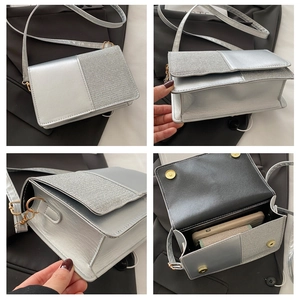 Detailed views of silver metallic crossbody bag with textured and mirror panels