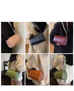 Detailed views of vintage oil-wax leather bucket bags in six colors with woven straps