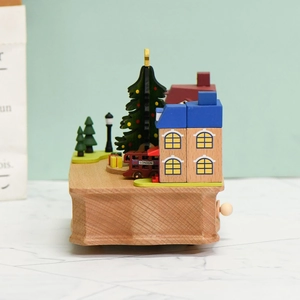 London themed wooden music box with red double-decker bus and Christmas tree scenery