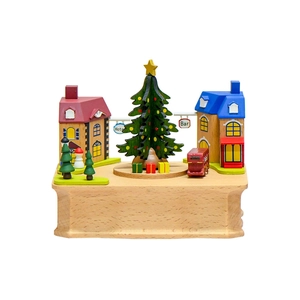Christmas tree wooden music box with miniature street scene buildings and red bus