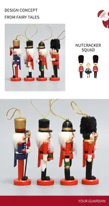 Close-up of four 13cm wooden nutcracker soldier ornaments with red and gold festive details