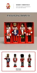 Detailed set of four 13cm wooden nutcracker soldier ornaments in a festive red window gift box
