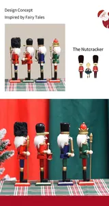 Side view detail of four colorful 18cm wooden nutcracker soldiers with velvet hats