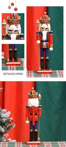 Detailed views of 30cm wooden nutcracker king with crown, scepter and blue stone accents
