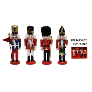 Set of four 13cm wooden Nutcracker soldier ornaments with classic uniform and gift box