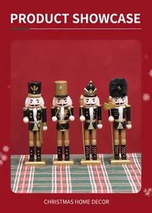 Close-up of four 18cm black and gold nutcracker soldiers on festive plaid background