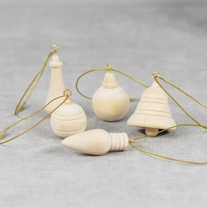 5-piece unpainted natural wood Christmas ornaments with golden loops and hanging strings
