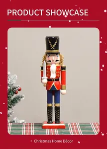 Detailed view of a 30cm wooden nutcracker soldier holding a silver sword on a red base