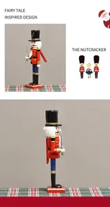 Detail of a 30cm wooden nutcracker soldier showing side view and festive red background