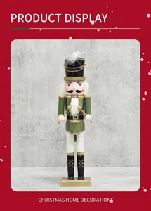 Detail view of a green Nutcracker soldier wooden craft with a drum and festive ornaments