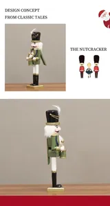 Detail of wooden nutcracker soldier in green and gold with drum and feather hat