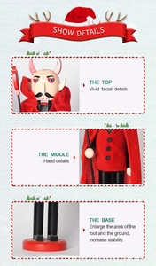 Detail view of devil-themed wooden nutcracker featuring red horns and velvet clothing