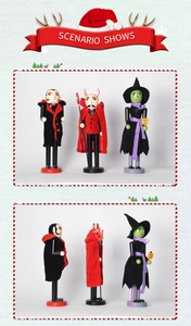 Detailed views of Halloween nutcrackers featuring vampire, devil, and witch characters