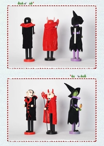 Detailed views of Halloween wooden nutcrackers featuring vampire, devil and witch characters