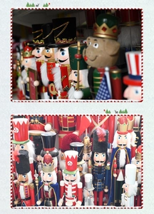 Detailed view of various colorful wooden nutcracker figurines with intricate craftwork