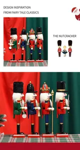 Close-up of set of four 30cm wooden nutcracker soldiers with holiday musical accessories