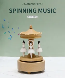 Macro shot of three elegant ballet figurines on a rotating wooden musical box base