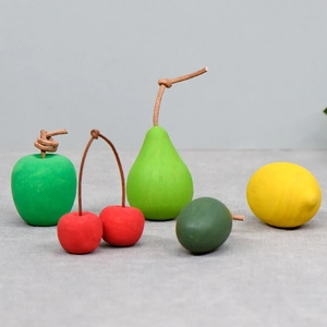 5-piece set of miniature DIY painted wooden fruit charms including apple and cherry