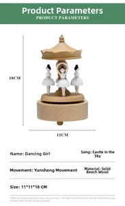 Detailed specs of the beech wood ballet music box with dimensions 11x11x18cm