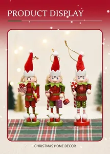 Three 13cm wooden nutcracker elves with plush hats and festive holiday accessories