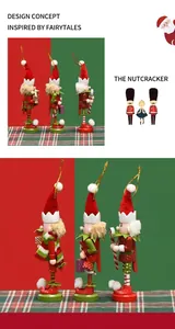 Detail of wooden Christmas nutcracker soldier hanging ornaments with glitter and velvet accents