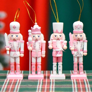 Nordic Wooden Nutcracker Soldier Figures Pink And White Christmas Hanging Ornaments For Home Holiday Table Decoration